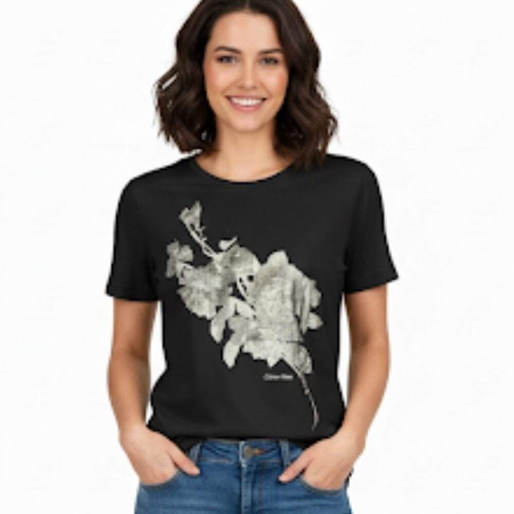 Calvin Klein T Shirt Womens Small Black Floral Foil Graphic Classic Soft Casual